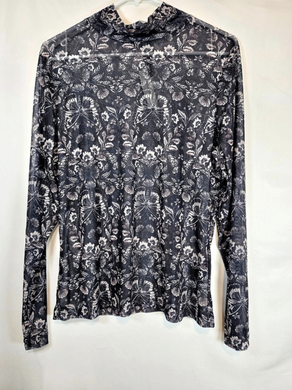 Anthropologie Crescent Floral Long Sleeve Sheer Top in Black & Pink XL NWT